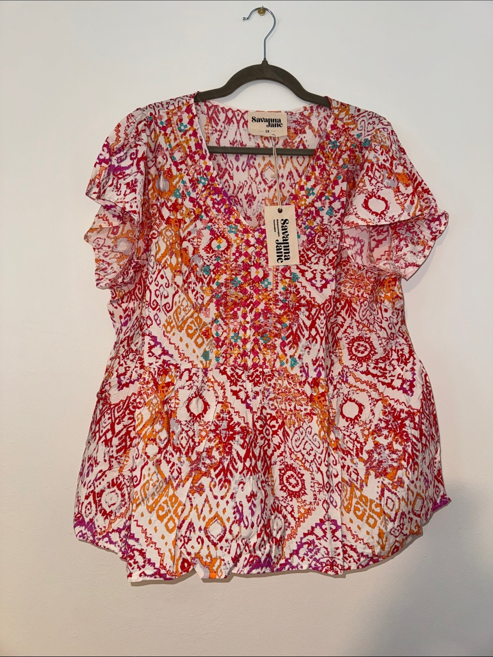 Savanna Jane Pink & Orange Printed Flutter Sleeve V-Neck Blouse, Size 1X